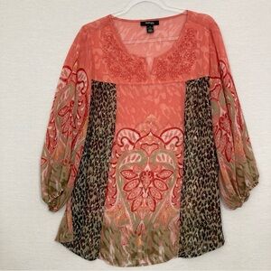 Style & Co Y Neck Embroidered Patchwork Sheer Boho Blouse size 1X